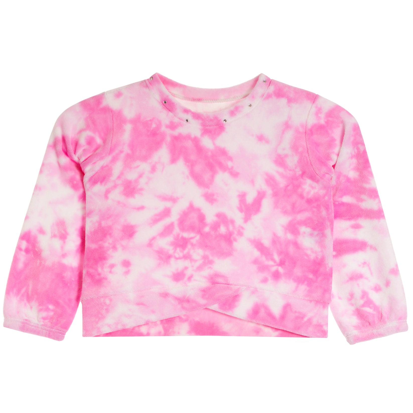 A pink and white tie-dye long-sleeve crop top sweatshirt, laid flat against a solid white background.
