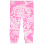 Pink and white tie-dye jogger pants with ribbed ankle cuffs, shown flat against a white background.