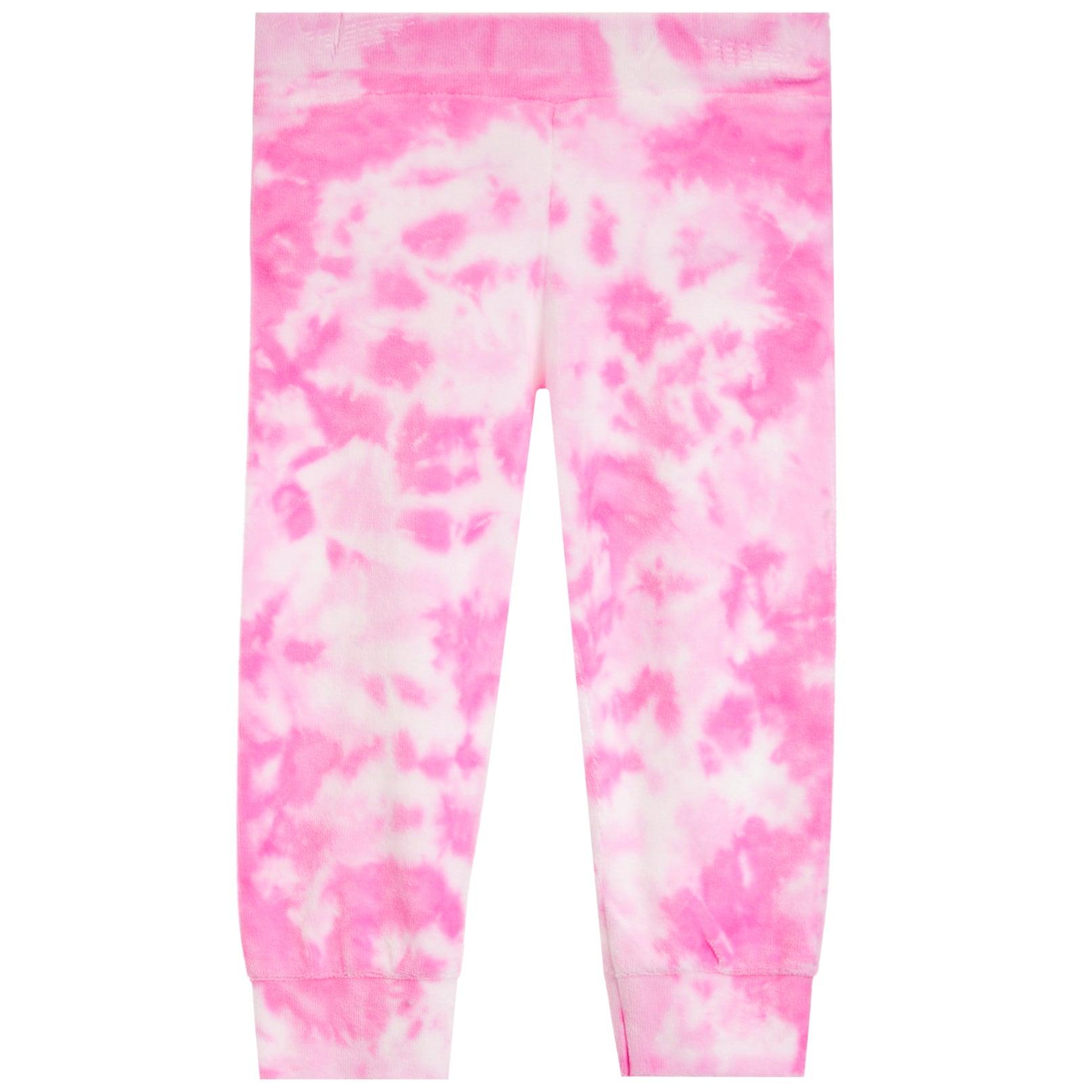 Pink and white tie-dye jogger pants with ribbed ankle cuffs, shown flat against a white background.