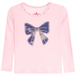 A light pink long-sleeve t-shirt for kids, featuring a large blue sequined bow graphic on the front.
