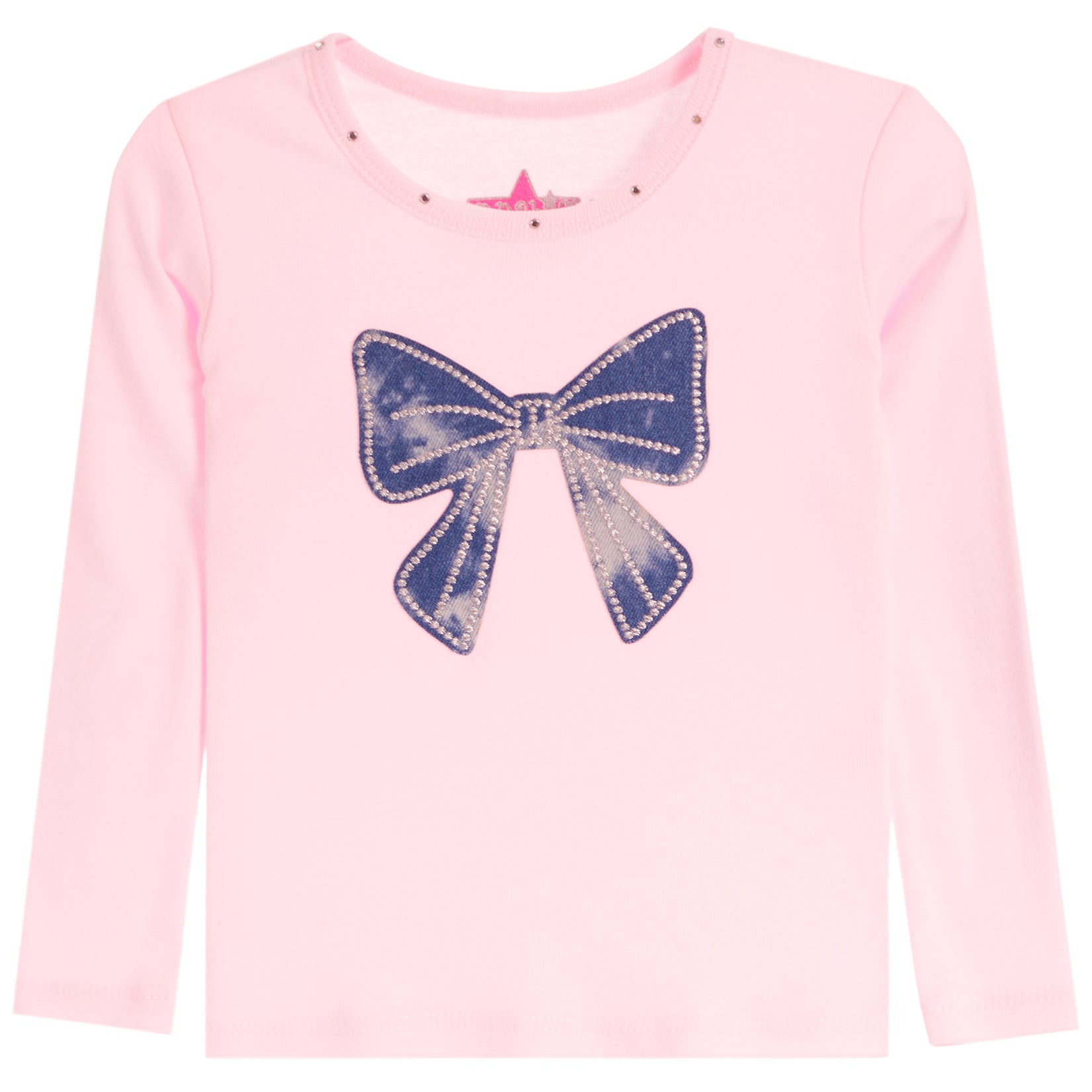 A light pink long-sleeve t-shirt for kids, featuring a large blue sequined bow graphic on the front.
