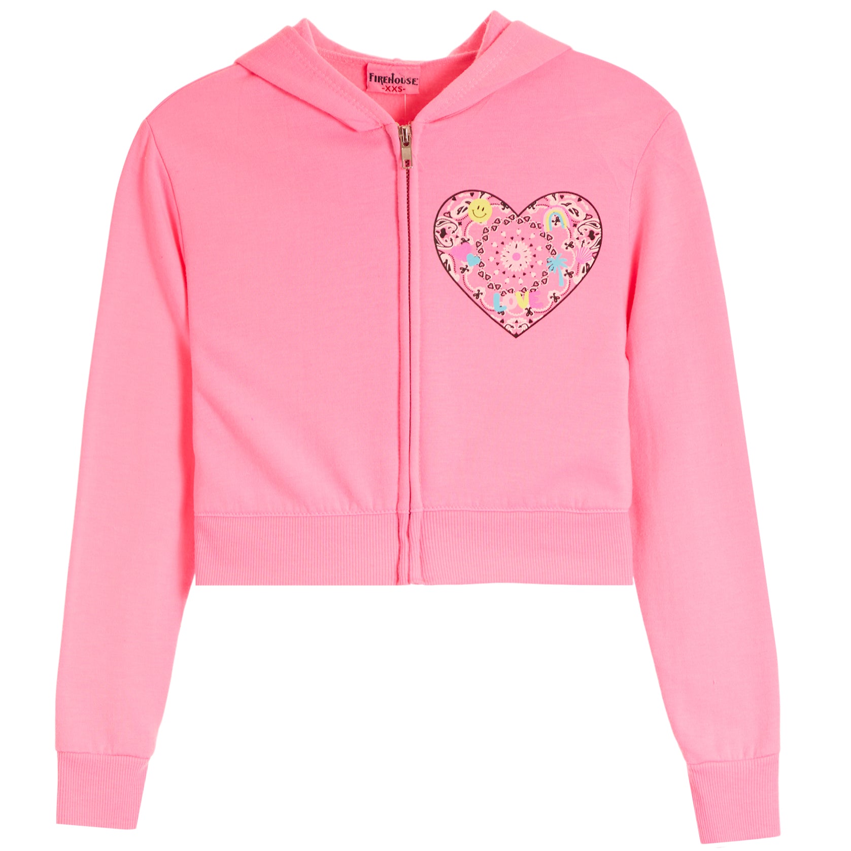 A pink cropped zip-up hoodie with a colorful embroidered heart design on the left chest, displayed on a clean white background.