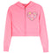 A pink cropped zip-up hoodie with a colorful embroidered heart design on the left chest, displayed on a clean white background.