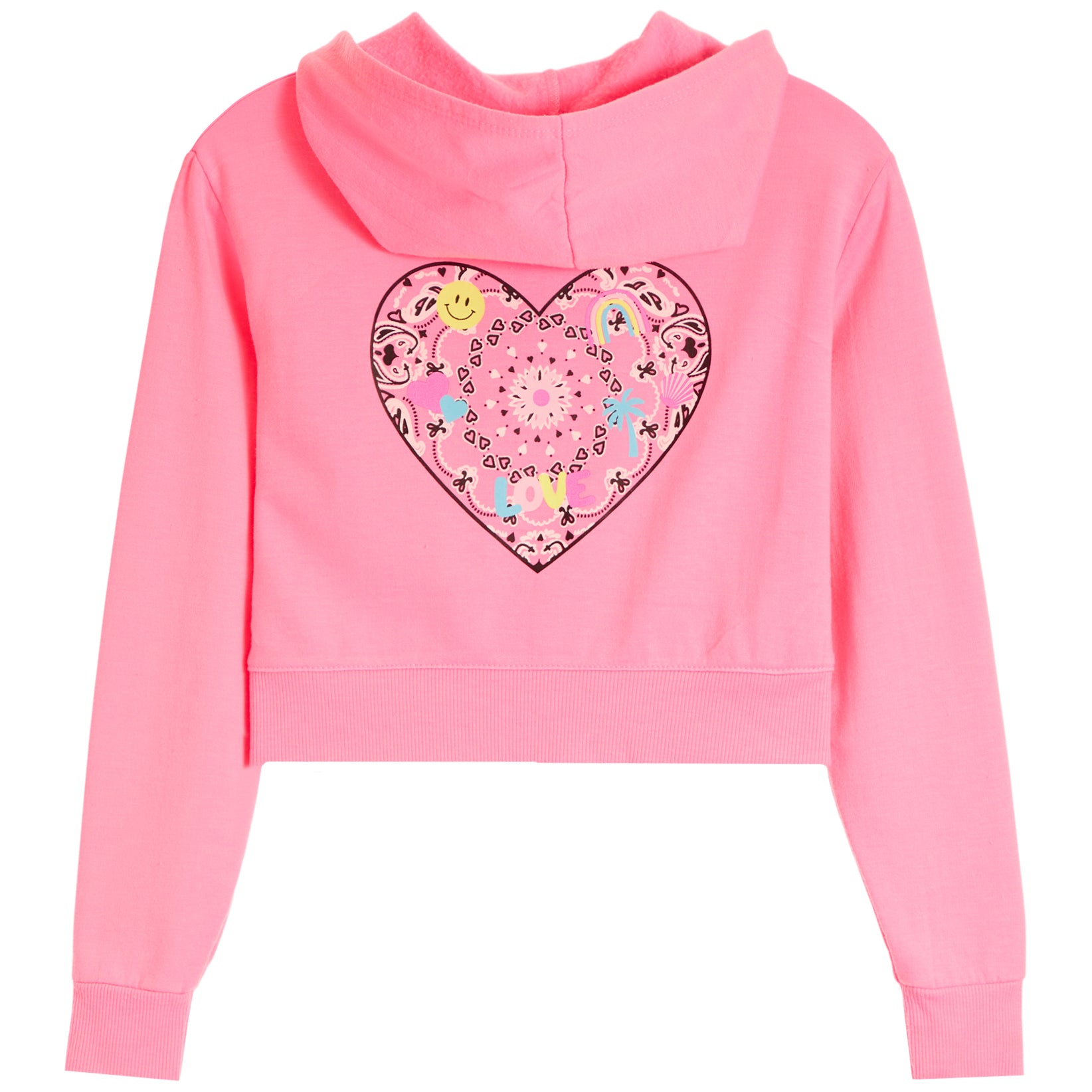 A pink cropped hoodie sweatshirt with a long hood and a large, featuring a decorative heart-shaped applique on the back with bandana print and a yellow sun and rainbow, shown against a plain white background.