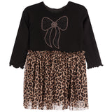 Long Sleeve Crystal Bow Leopard Bottom Dress