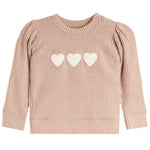 A pink ribbed knit sweater with three cream-colored hearts on the chest, displayed against a solid white background.