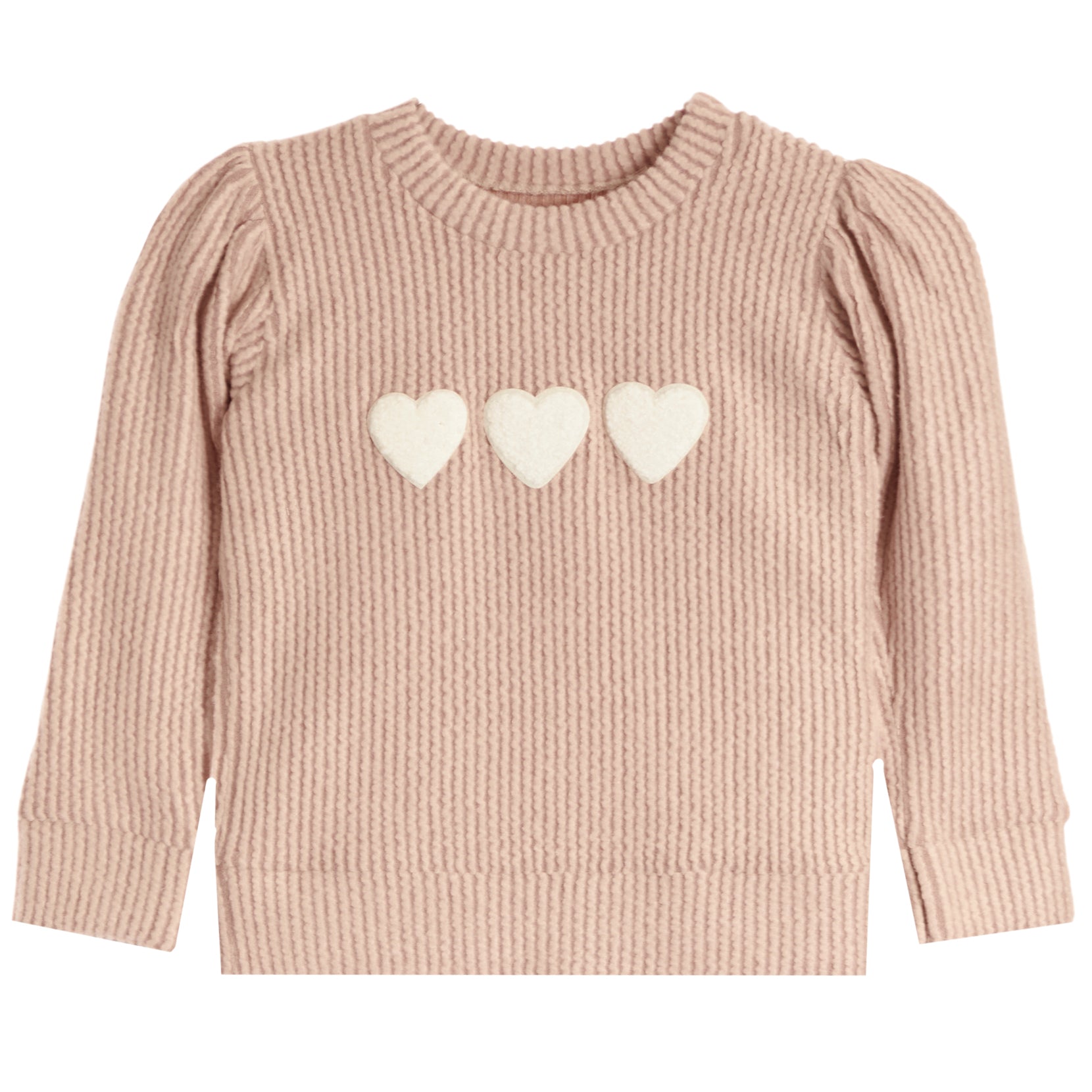 A pink ribbed knit sweater with three cream-colored hearts on the chest, displayed against a solid white background.