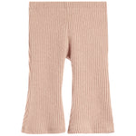 A pair of ribbed knit flare leggings in a dusty rose pink color, shown flat against a plain white background.