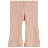 A pair of ribbed knit flare leggings in a dusty rose pink color, shown flat against a plain white background.