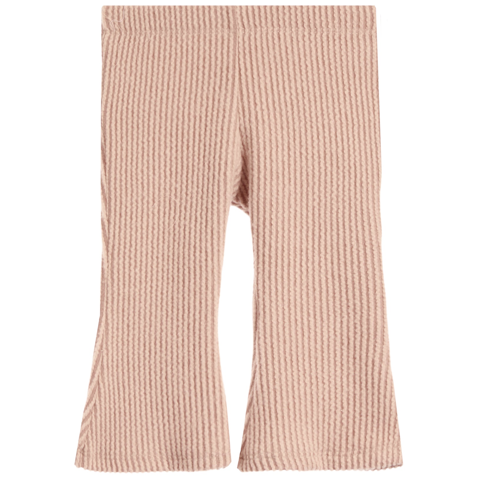 A pair of ribbed knit flare leggings in a dusty rose pink color, shown flat against a plain white background.