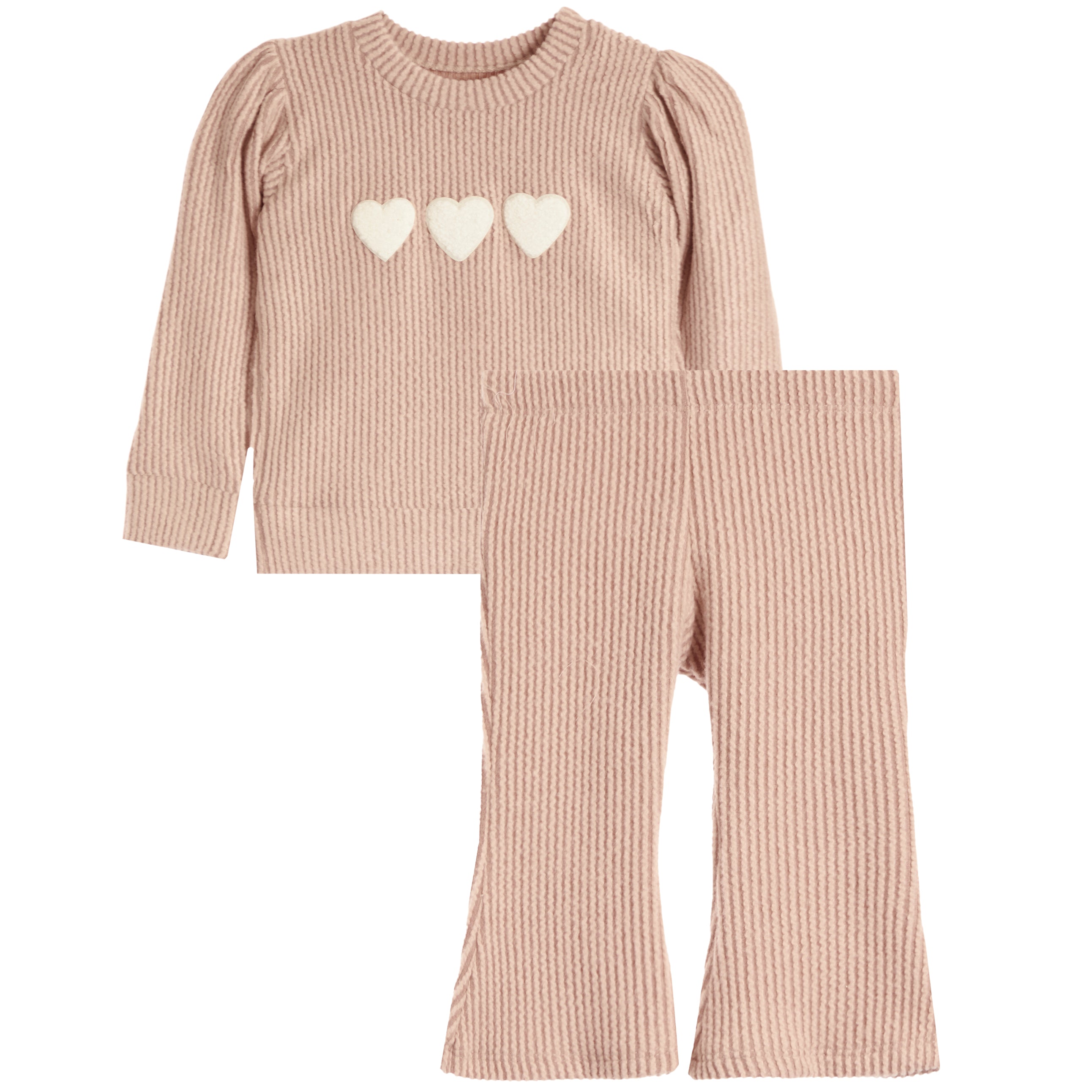 A two-piece baby knit set featuring a long-sleeve top with three cream hearts on the chest and matching flared pants, both in a dusty rose pink ribbed knit.