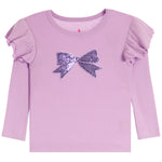 A light purple long-sleeve children's top with ruffled sleeves and a sequined bow detail on the chest, shown against a plain white background.
