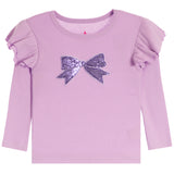 A light purple long-sleeve children's top with ruffled sleeves and a sequined bow detail on the chest, shown against a plain white background.