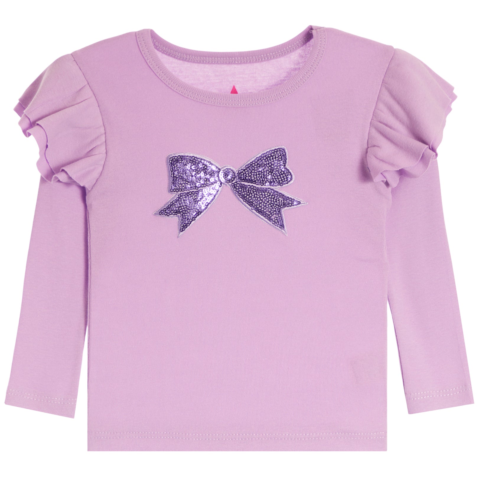 A light purple long-sleeve children's top with ruffled sleeves and a sequined bow detail on the chest, shown against a plain white background.