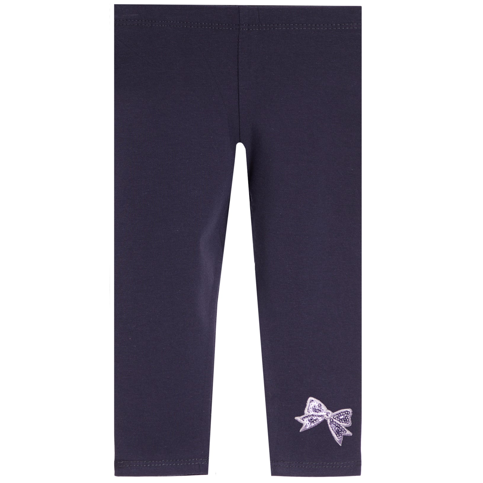 Dark navy blue leggings for toddlers, featuring a small embroidered light purple bow with white polka dots on the lower left leg, shown against a plain white background.