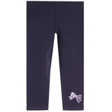 Dark navy blue leggings for toddlers, featuring a small embroidered light purple bow with white polka dots on the lower left leg, shown against a plain white background.