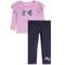 A two-piece girls' outfit set featuring a light purple long-sleeve top with ruffled cap sleeves and a sequined bow on the chest, paired with dark navy leggings that have a matching sequined bow near the ankle.