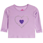 A toddler's long-sleeve lavender purple shirt featuring a glittery silver heart outline with a purple glitter heart in the center, shown against a plain white background.