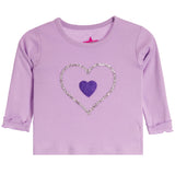 A toddler's long-sleeve lavender purple shirt featuring a glittery silver heart outline with a purple glitter heart in the center, shown against a plain white background.