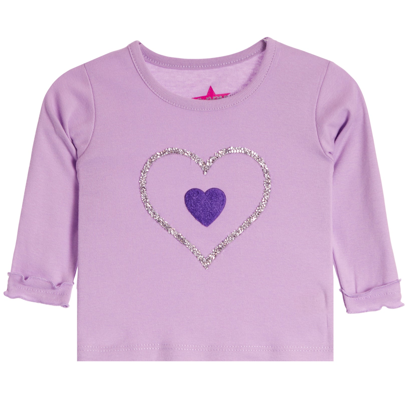 A toddler's long-sleeve lavender purple shirt featuring a glittery silver heart outline with a purple glitter heart in the center, shown against a plain white background.