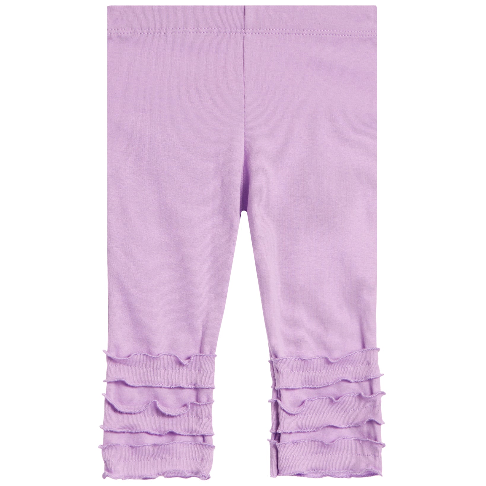 Light purple toddler leggings with layered ruffle trim at the cuffs, shown flat against a white background.