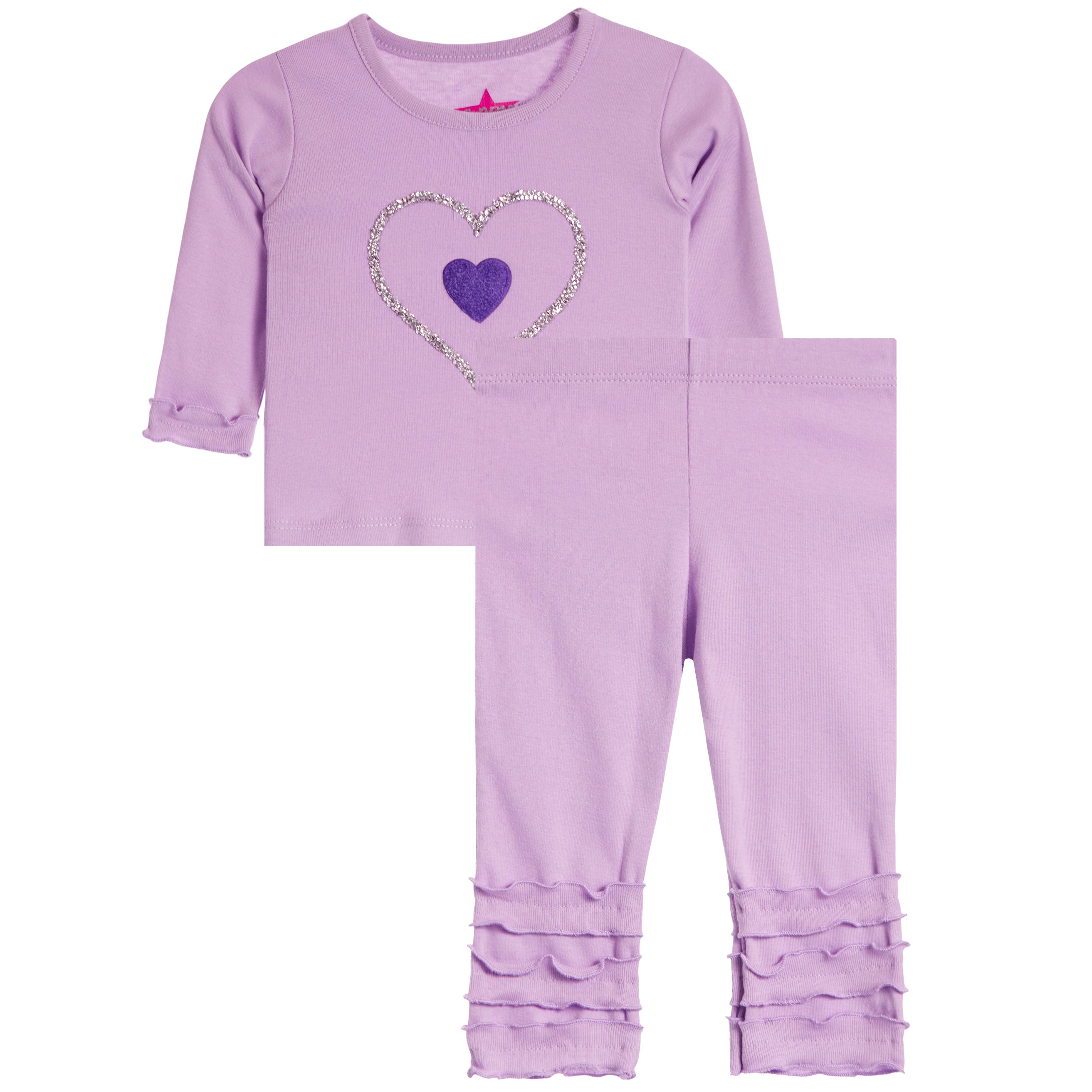 A toddler girl's two-piece  set in light purple, featuring a long-sleeve top with a glittery heart design and matching ruffled leggings.