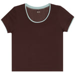 A dark brown short-sleeve crewneck t-shirt with a light mint green contrast trim along the scoop neck and sleeve cuffs, shown flat on a white background.