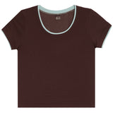 A dark brown short-sleeve crewneck t-shirt with a light mint green contrast trim along the scoop neck and sleeve cuffs, shown flat on a white background.