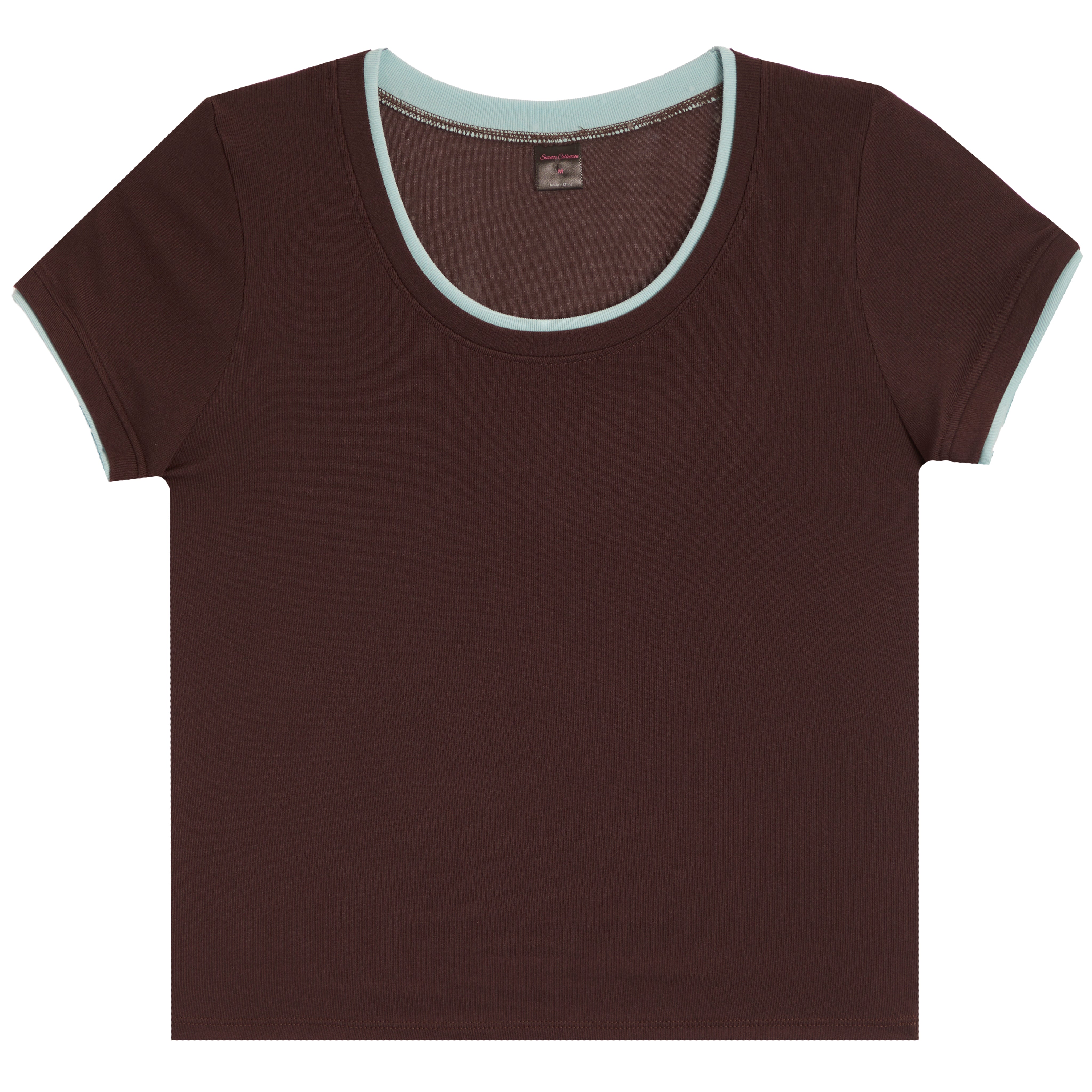 A dark brown short-sleeve crewneck t-shirt with a light mint green contrast trim along the scoop neck and sleeve cuffs, shown flat on a white background.