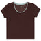 A dark brown short-sleeve crewneck t-shirt with a light mint green contrast trim along the scoop neck and sleeve cuffs, shown flat on a white background.