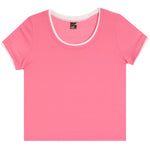 A pink short-sleeve crewneck t-shirt with a contrasting white inner collar and sleeve trim, shown flat against a white background.
