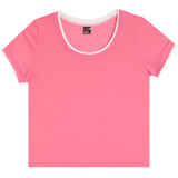 A pink short-sleeve crewneck t-shirt with a contrasting white inner collar and sleeve trim, shown flat against a white background.