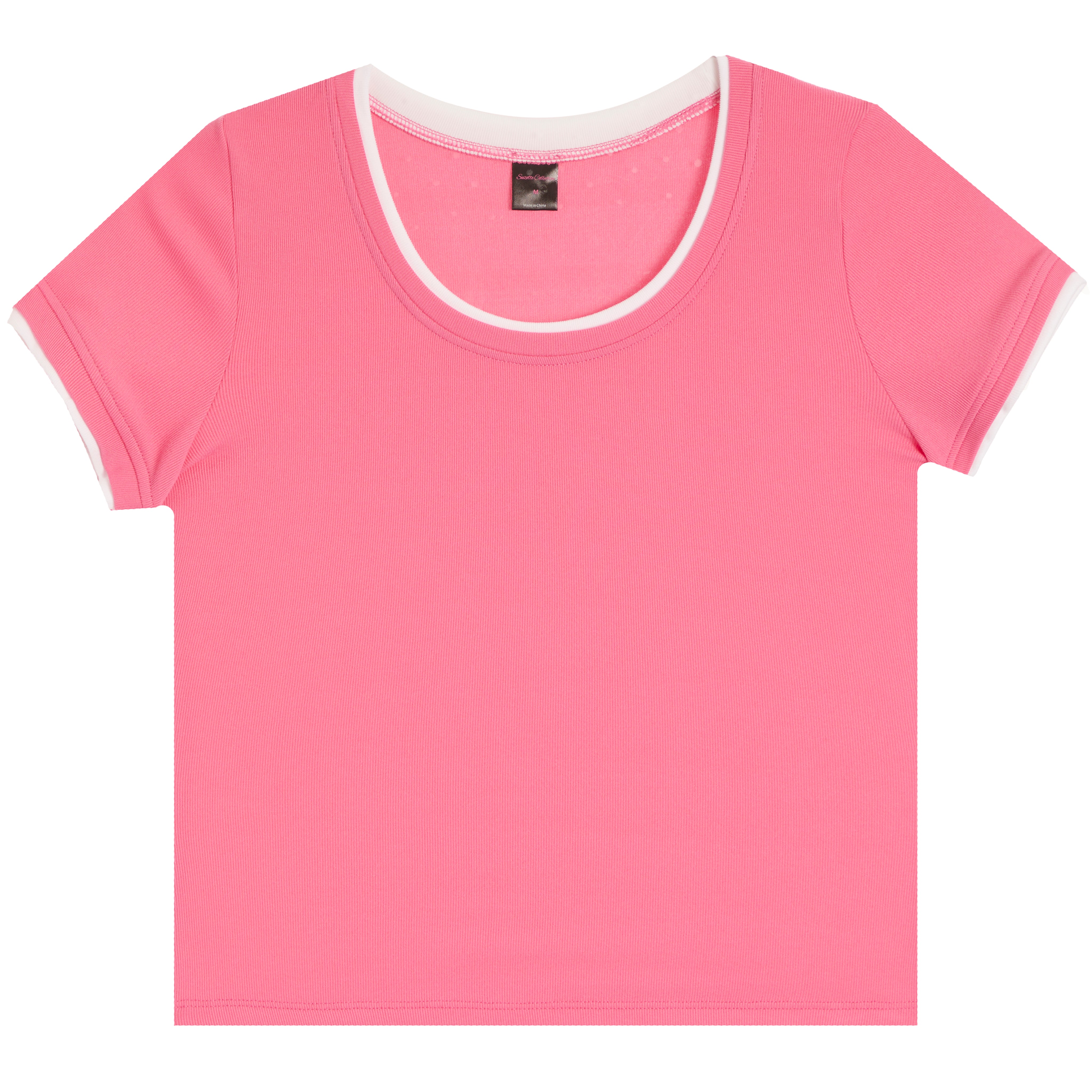 A pink short-sleeve crewneck t-shirt with a contrasting white inner collar and sleeve trim, shown flat against a white background.