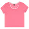A pink short-sleeve crewneck t-shirt with a contrasting white inner collar and sleeve trim, shown flat against a white background.