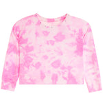 A pink and white tie-dye long-sleeve crop top sweatshirt, shown flat against a solid white background.