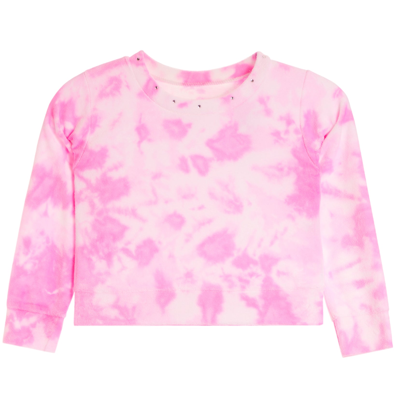A pink and white tie-dye long-sleeve crop top sweatshirt, shown flat against a solid white background.