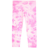 Pink and white tie-dye leggings with a cuffed ankle design, shown flat against a solid white background.