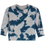 A long-sleeve crewneck sweatshirt featuring a blue and gray tie-dye pattern with a white glittery lightning bolt graphic on the chest, displayed on a solid white background.