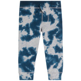 Blue and white tie-dye sweatpants with a drawstring waist and ribbed cuffs, shown flat on a white background.