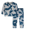 A two-piece kids' pajama set featuring a long-sleeve sweatshirt and matching pants in a blue and gray tie-dye pattern, with a white lightning bolt graphic on the chest.