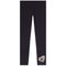 Black leggings with a textured, glittery silver heart design on the lower left leg, displayed flat against a solid white background.