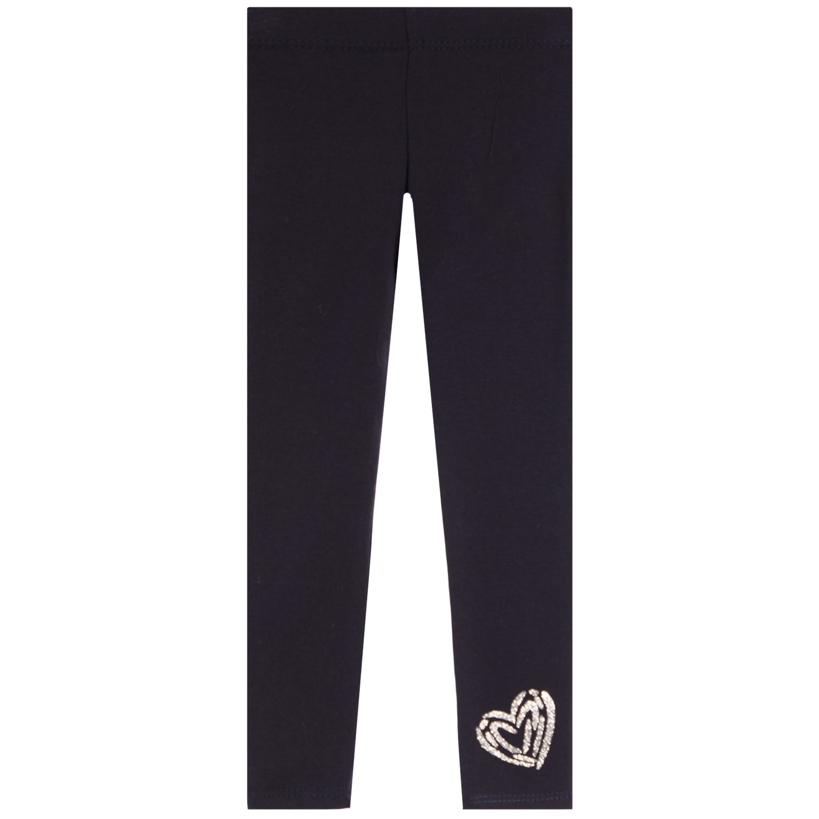 Black leggings with a textured, glittery silver heart design on the lower left leg, displayed flat against a solid white background.