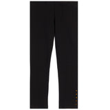 Black cropped leggings with a small gold button detail on the lower left leg, shown flat against a white background.