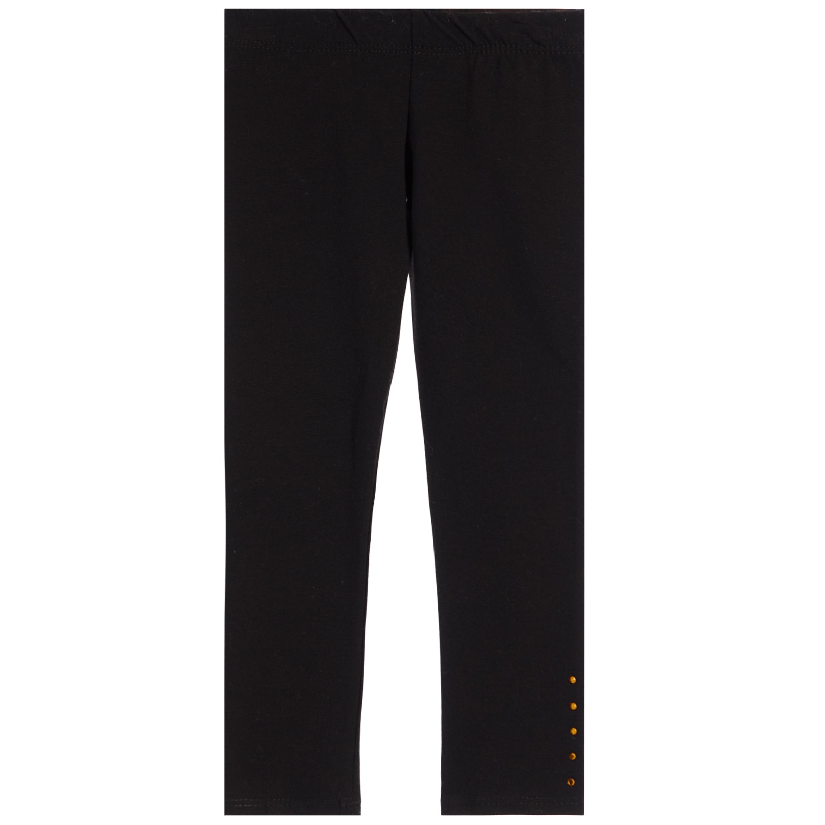 Black cropped leggings with a small gold button detail on the lower left leg, shown flat against a white background.