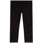 Black leggings with scattered small multicolored rhinestone studs, shown flat against a white background.