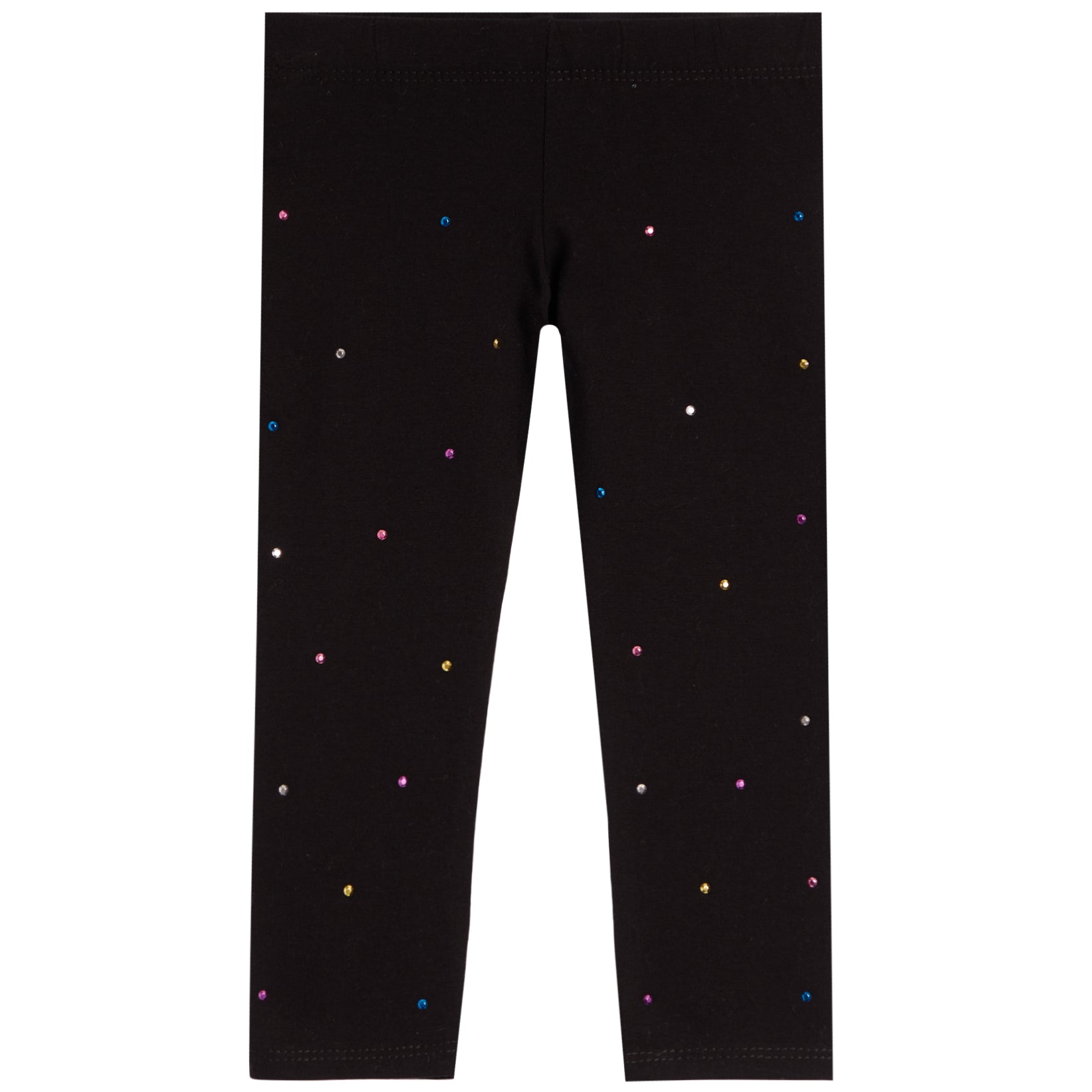 Black leggings with scattered small multicolored rhinestone studs, shown flat against a white background.