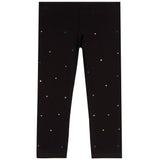 Black leggings with scattered small multicolored rhinestone studs, shown flat against a white background.