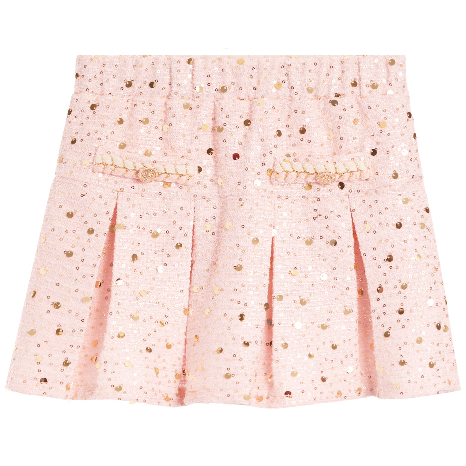 A light pink pleated skirt covered in gold sequins, featuring decorative gold embroidered details on the front.