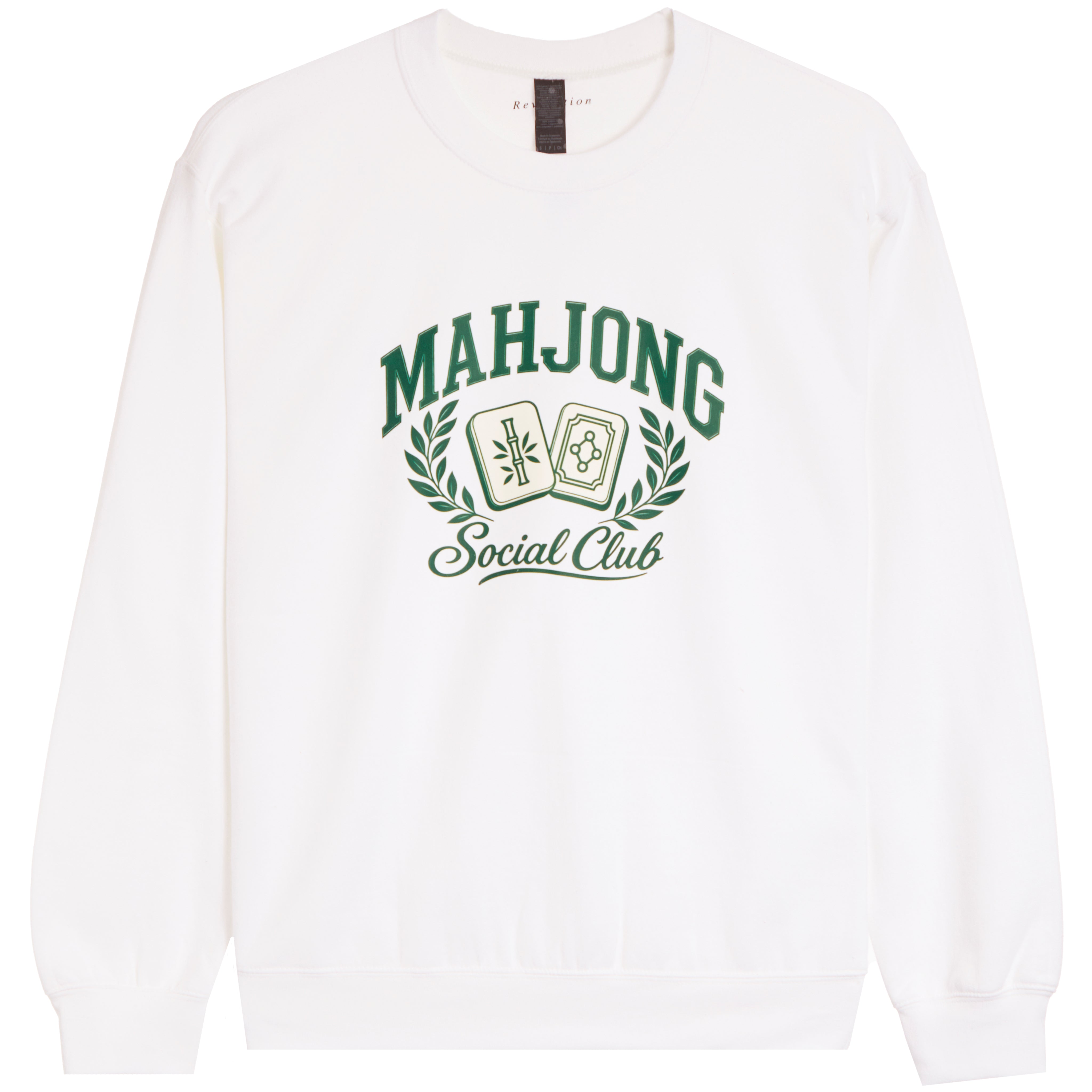 A white crewneck sweatshirt featuring a green graphic print on the front that reads 'MAHJONG Social Club' with two playing cards and a laurel wreath.