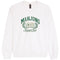 A white crewneck sweatshirt featuring a green graphic print on the front that reads 'MAHJONG Social Club' with two playing cards and a laurel wreath.